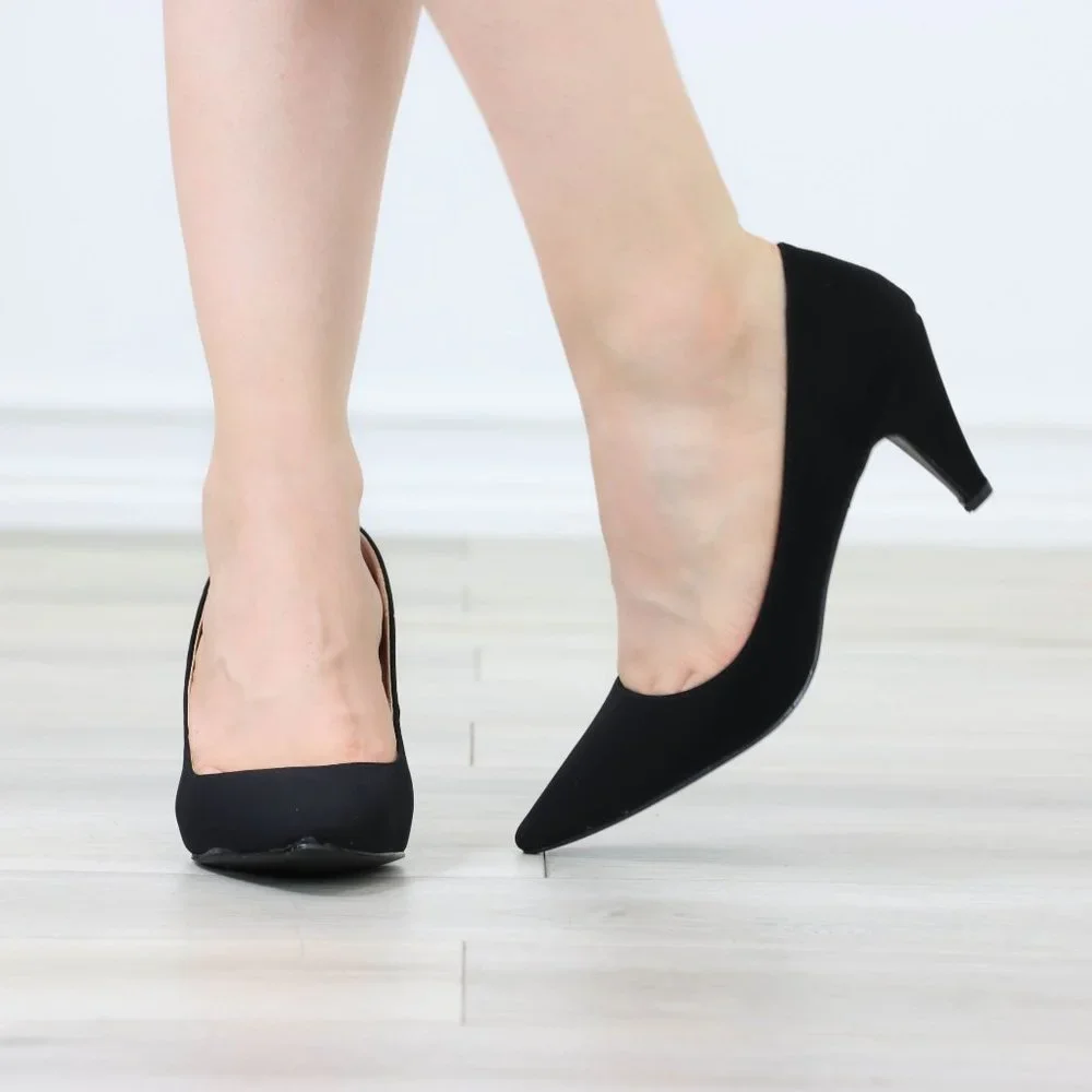 Kitten Low Heel Shoes Rockabilly Vintage Style Pointed Toe Pumps Black Nubuck - Picture 9 of 12